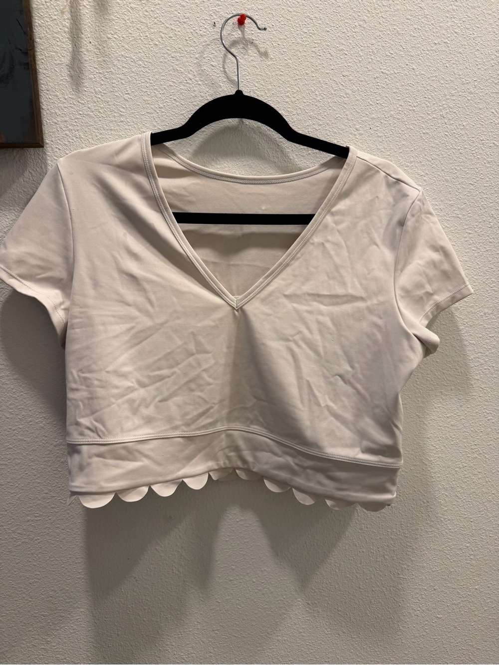 Zella Cream V-Neck Cropped Top with Scalloped Hem
